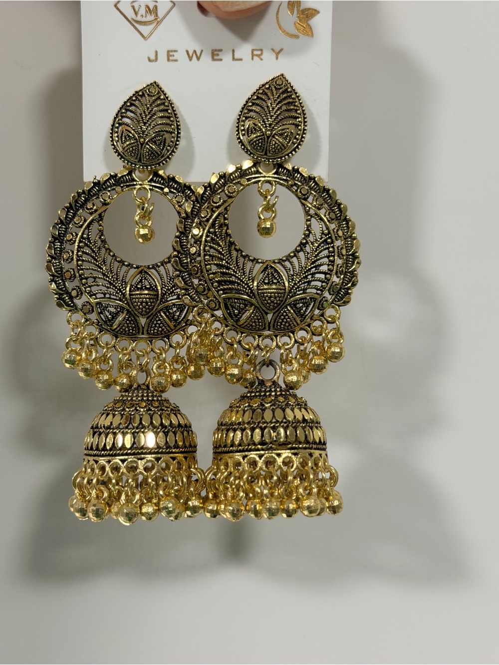 Gold Filigree Jhumka Drop Earrings -